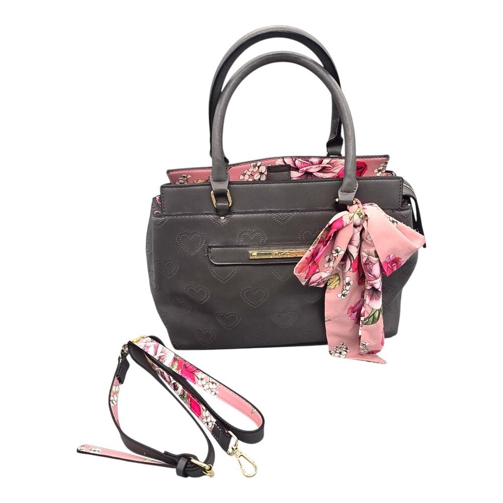Betsey Johnson Purse Y2K Gray Heart Embossed Handbag Scarf Crossbody Strap - Picture 2 of 16